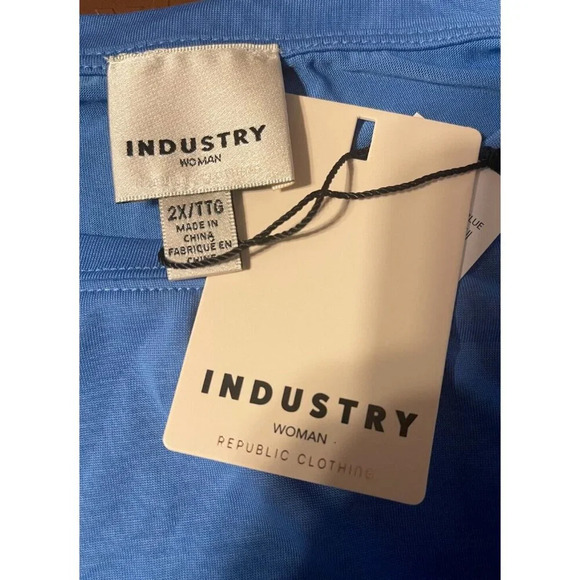 Industry Republic Clothing 2X Blue Ruched Side Crew Neck Cuff Short Sleeve Top - Picture 6 of 6